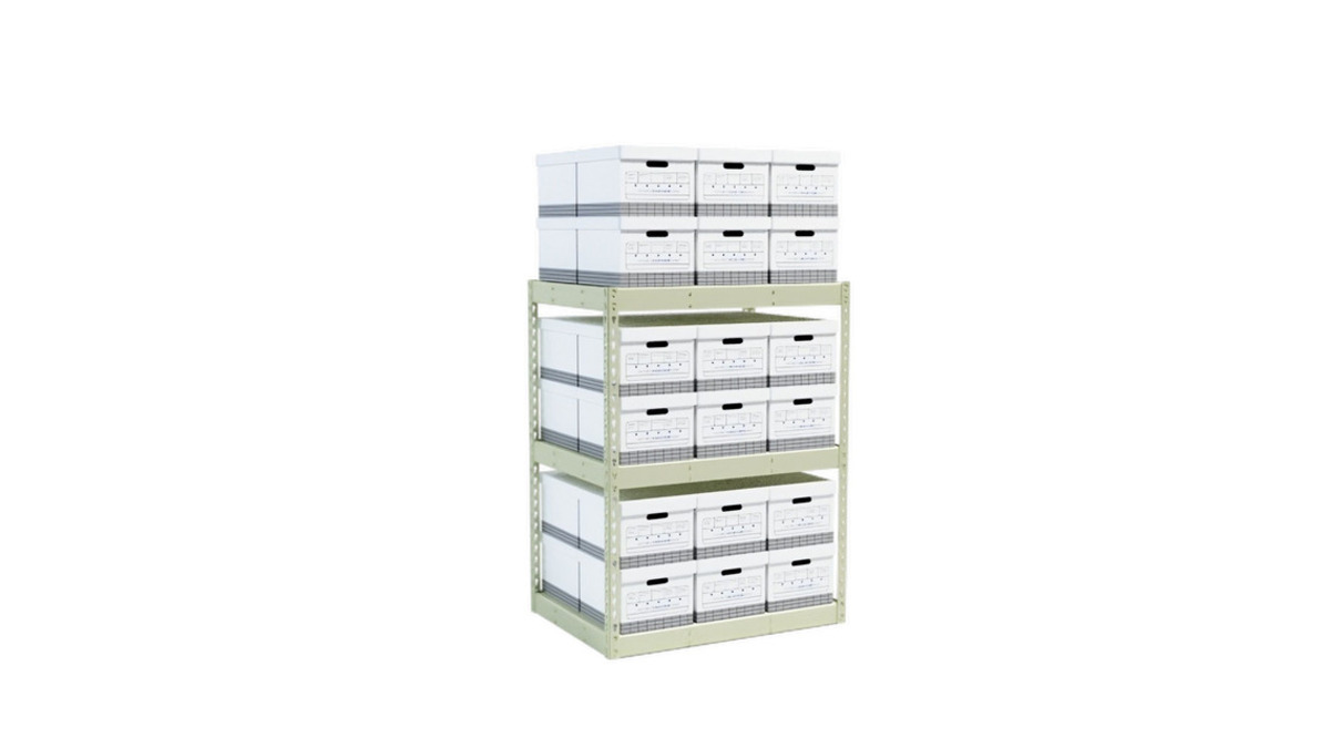 Box file rack holding boxes with 3 shelves