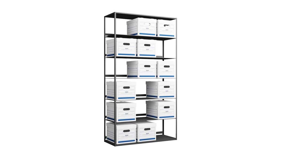 Box storage shelves with 6 shelves holding boxes