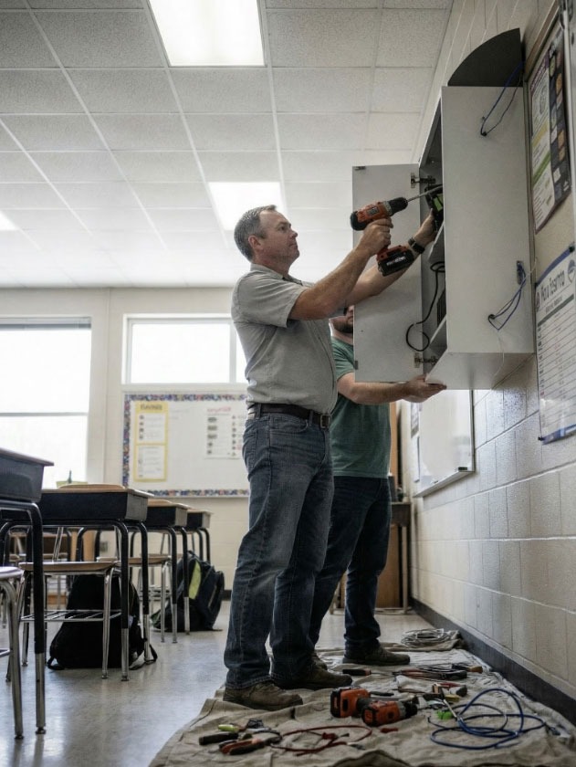 Installation technician assembling storage equipment